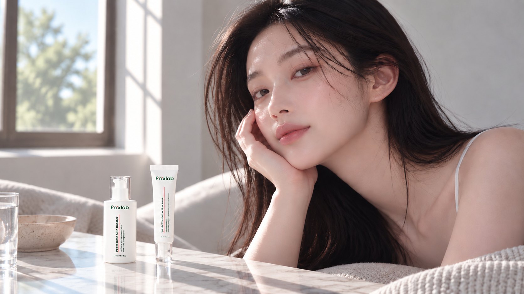 창가에서 두 제품과 함께 있는 모델
