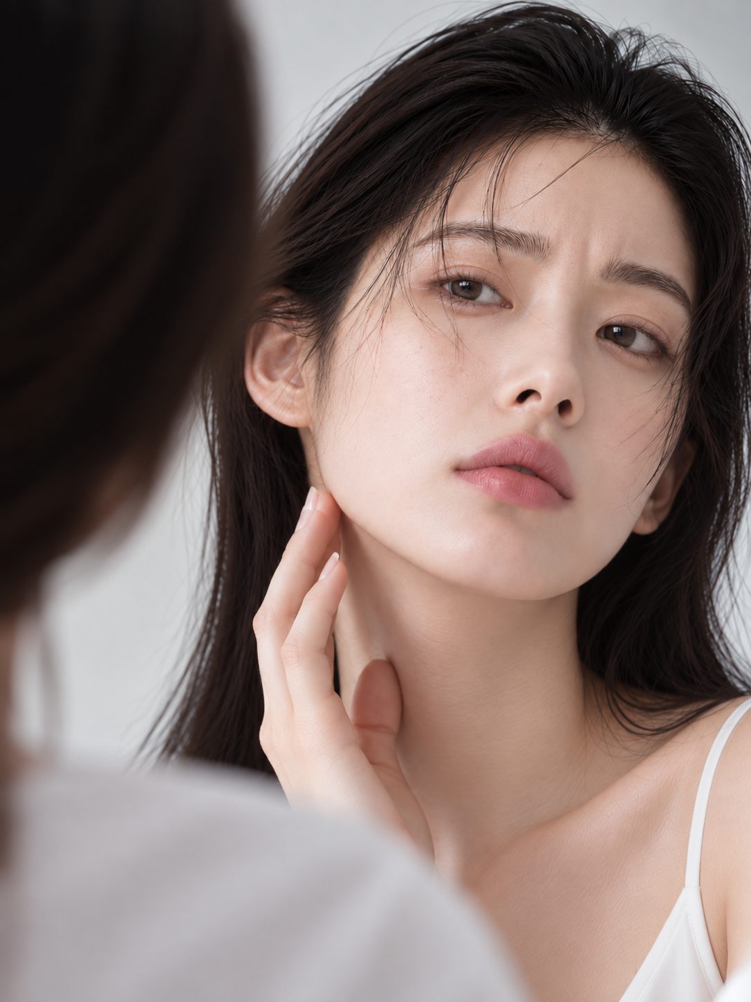 거울을 보며 턱선을 만지는 모델